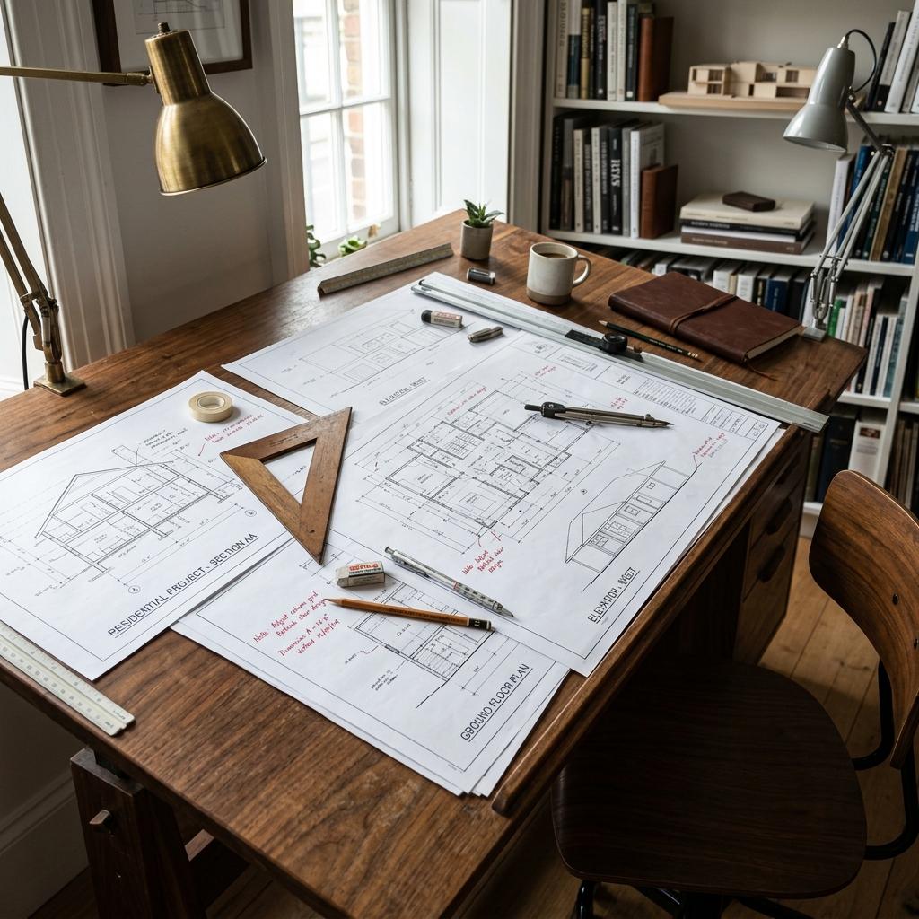 Tavolo di lavoro, disegni e annotazioni